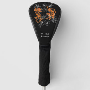Tigers  Cherry Blossom Black Background Monogram. Golf Head Cover