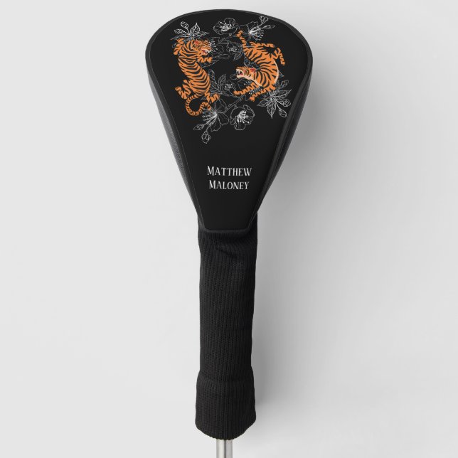 Tigers  Cherry Blossom Black Background Monogram. Golf Head Cover (Front)