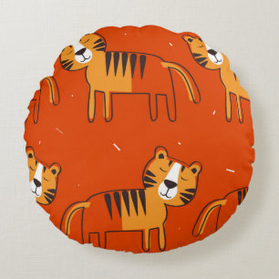 Tigers, hand drawn backdrop. Colorful seamless pat Round Pillow