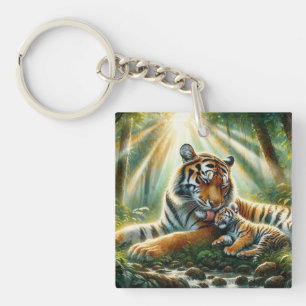Tigers in a Lush Jungle Watercolor Painting Keychain