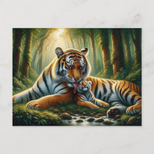 Tigers in a Lush Jungle Watercolor Painting Postcard
