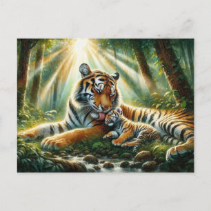 Tigers in a Lush Jungle Watercolor Painting Postcard