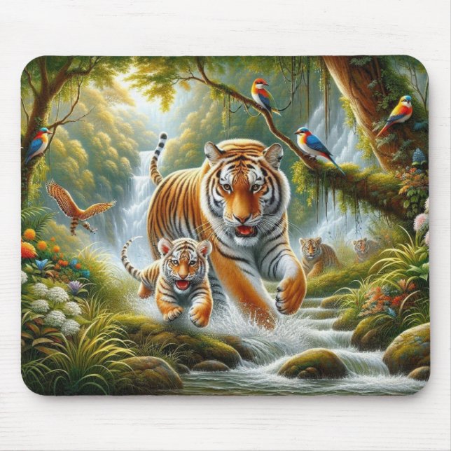 Tigers in an Enchanted Forest Painting Mouse Pad (Front)