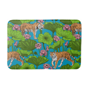 Tigers in the pink lotus pond bath mat