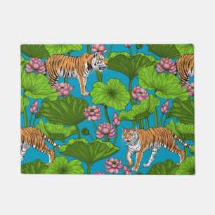 Tigers in the pink lotus pond doormat