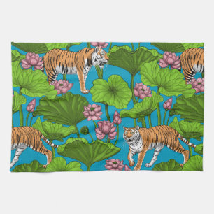 Tigers in the pink lotus pond kitchen towel
