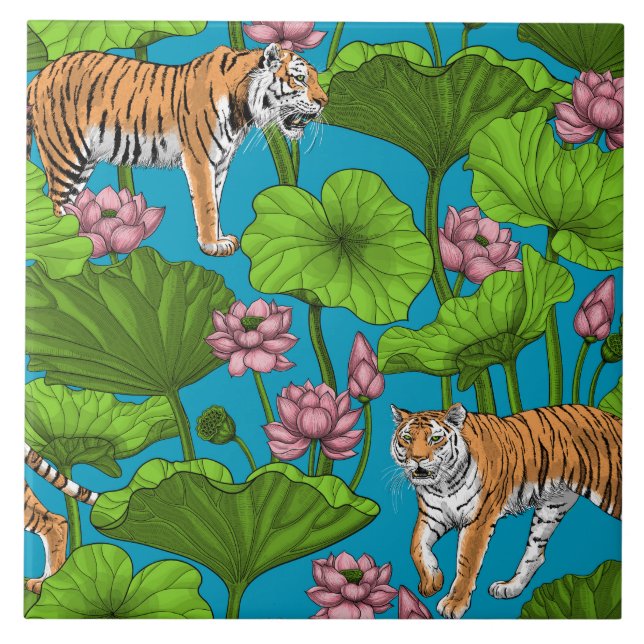 Tigers in the pink lotus pond tile (Front)