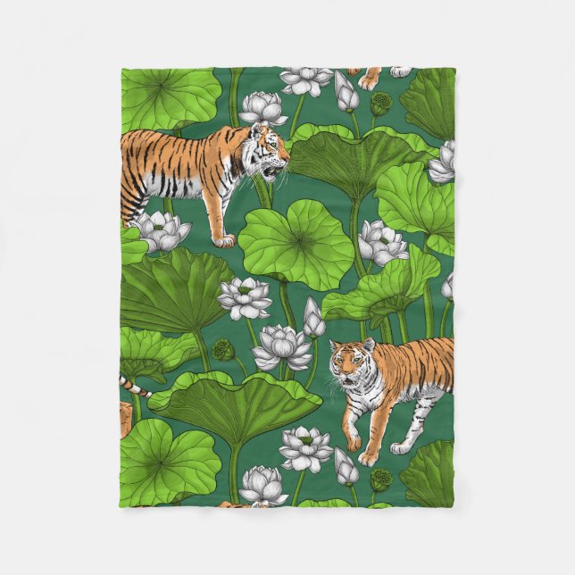 Tigers in the white lotus pond fleece blanket (Front)