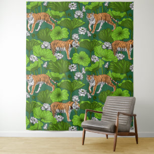 Tigers in the white lotus pond tapestry
