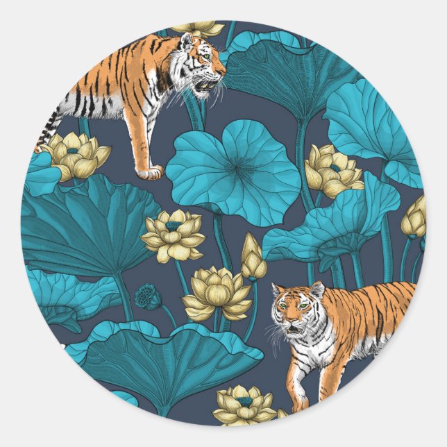 Tigers in the yellow lotus pond classic round sticker (Front)