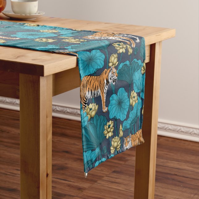 Tigers in the yellow lotus pond short table runner (In Situ)