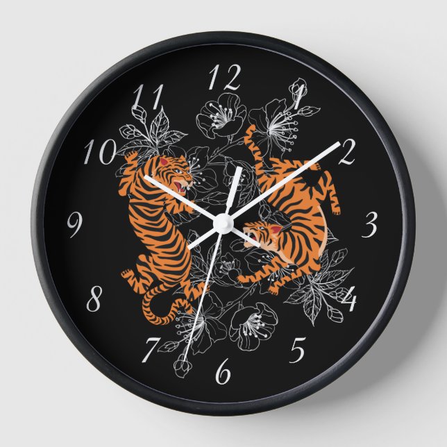 Tigers Japanese Art Style Black Background Clock (Front)