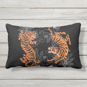 Tigers Japanese Art Style Black Background Lumbar Pillow