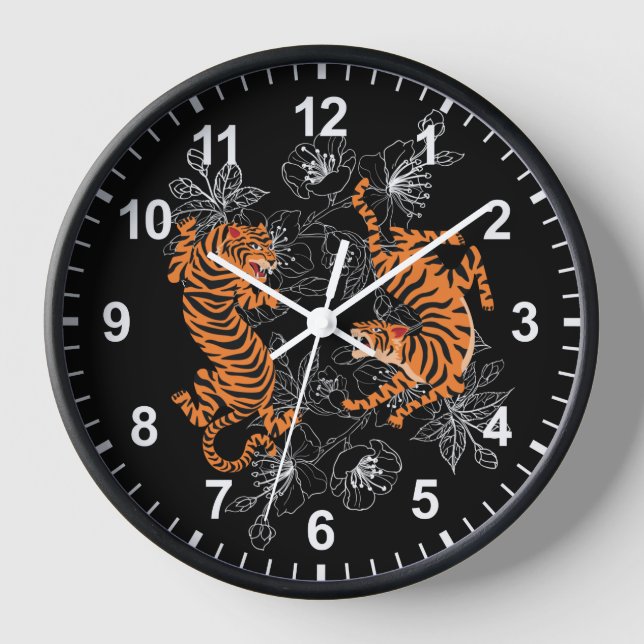 Tigers Japanese Art Style Black Background Numbers Clock (Front)