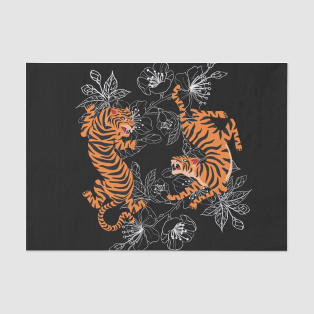 Tigers Japanese Art Style Black Background Tissue Paper (Front)