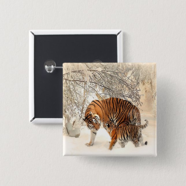 tigers on snow 2 inch square button (Front & Back)