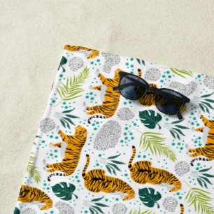 Tigers & Tropical Leaves Pattern Beach Towel