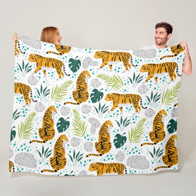 Tigers & Tropical Leaves Pattern Fleece Blanket (In Situ)