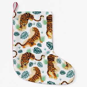 Tigers Tropical Leaves: Vintage Illustration. Small Christmas Stocking