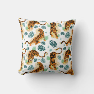 Tigers Tropical Leaves: Vintage Illustration. Throw Pillow