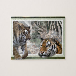 Tigers, Zebra,Giraffe, Primitive Jungle Jigsaw Puzzle