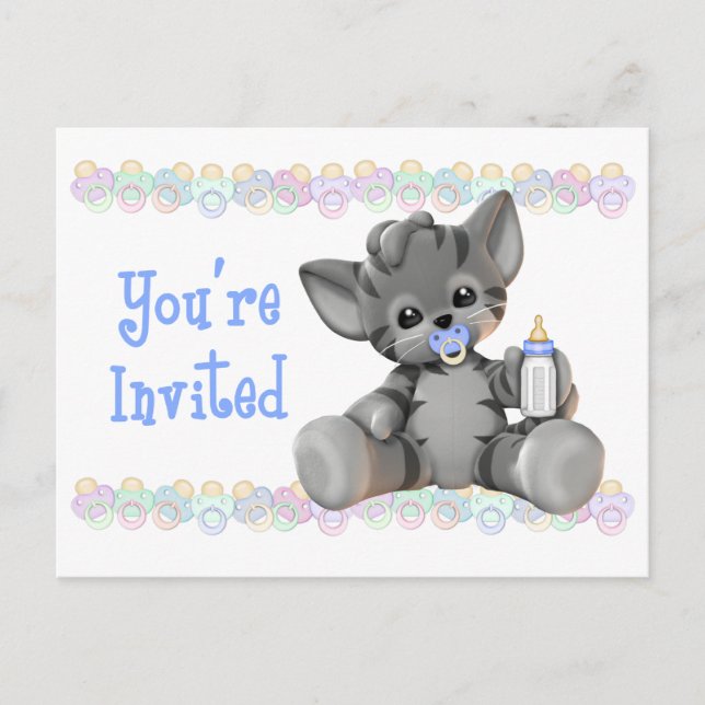 Tigre gris Kitten Baby shower bleu Invitation (Devant)
