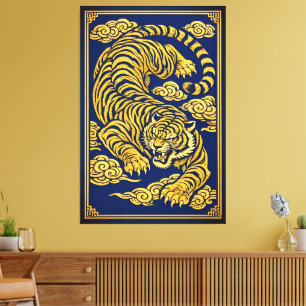Tigre Impérial – Impression sur toile or et bleu