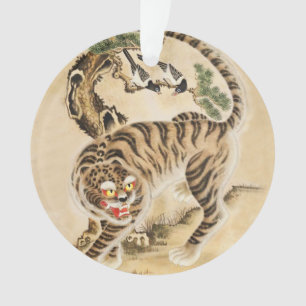 Tigre Minhwa vintage sous un pin