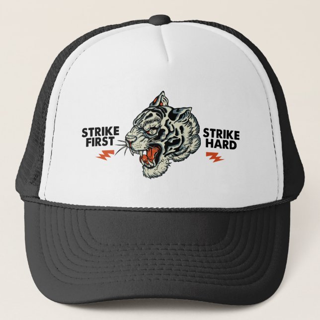 Tigre tattoo slogan strike first hard trucker hat (Front)