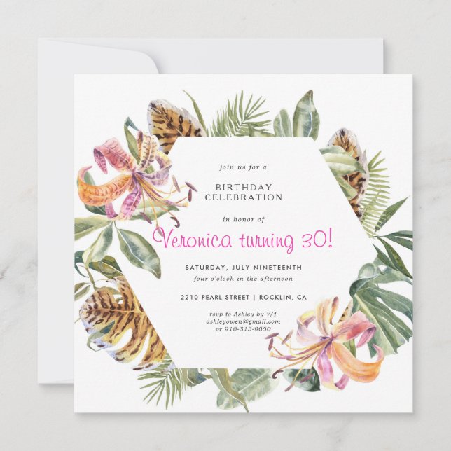 Tigre tropical Floral Invitation de fête d'anniver (Devant)