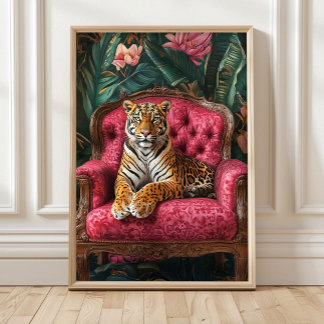 Tigre tropical sur canapé rose Poster Tigre éclect