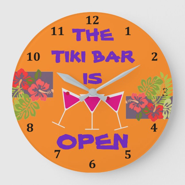 Tiki Bar Tropical Hibiscus Cocktails Custom Colour Large Clock (Front)