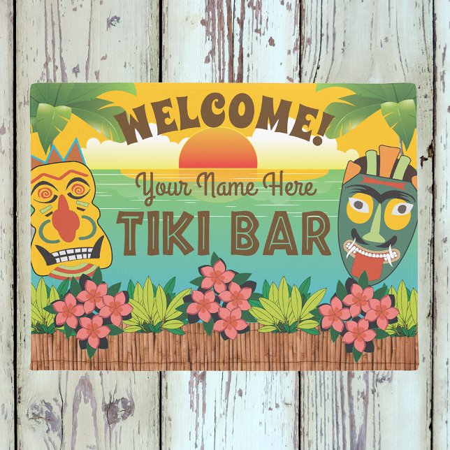 Tiki Bar Welcome with Mask Sunset Add Name Doormat (Creator Uploaded)