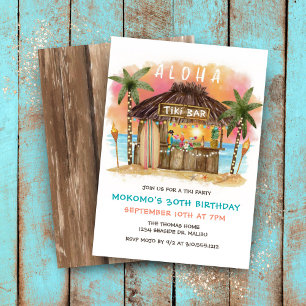 Tiki Beach Bar Tropical Sea Sunset Birthday Invitation