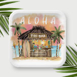 Tiki Beach Bar Tropical Surf & Sea Baby Shower Paper Plate<br><div class="desc">Tiki theme baby shower paper plates feature a watercolor tiki bar on the beach at sunset with palm trees,  string lights,  tiki torches a Hawaiian "Aloha" greeting. Tropical cocktails,  pineapple,  hibiscus and palm leaves,  surfboard and a parrot in a pirate hat decorate the bar area. Art by KL Stock</div>
