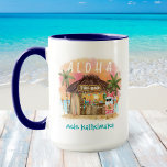 Tiki Beach Santa Mele Kalikimaka Christmas Mug<br><div class="desc">Tropical Christmas mug features Santa enjoying a vacation at a Tiki bar on the beach at sunset with palm trees, holiday string lights and Hawaiian "Aloha" and "Mele Kalikimaka" greetings. Tropical cocktails, a pineapple, hibiscus and palm leaves, a surfboard and a parrot in a pirate hat decorate the bar area....</div>