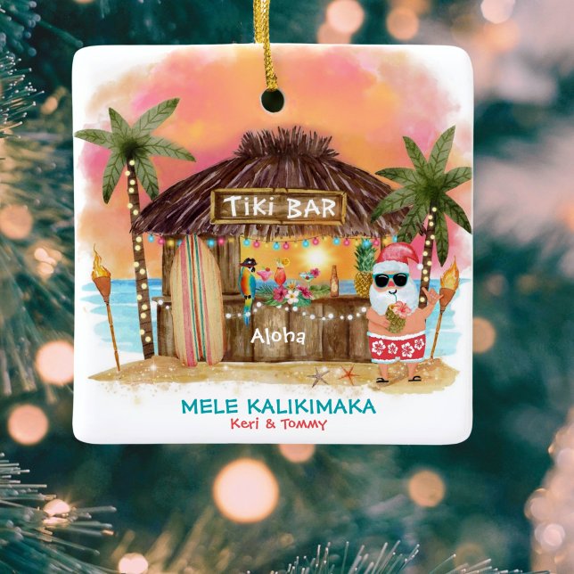 Tiki Beach Tropical Sunset Mele Kalikimaka Santa Ceramic Ornament (Creator Uploaded)
