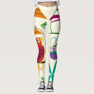 Tiki Birds Vintage Retro Tropical Luau Art Custom Leggings