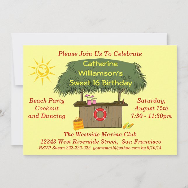Tiki Hut Bar Cookout Beach Pool Party Sweet 16 Invitation (Front)