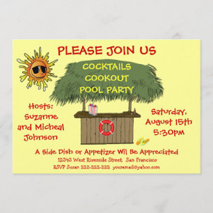 Tiki Hut Cocktail Cookout Beach or Pool Party Invitation
