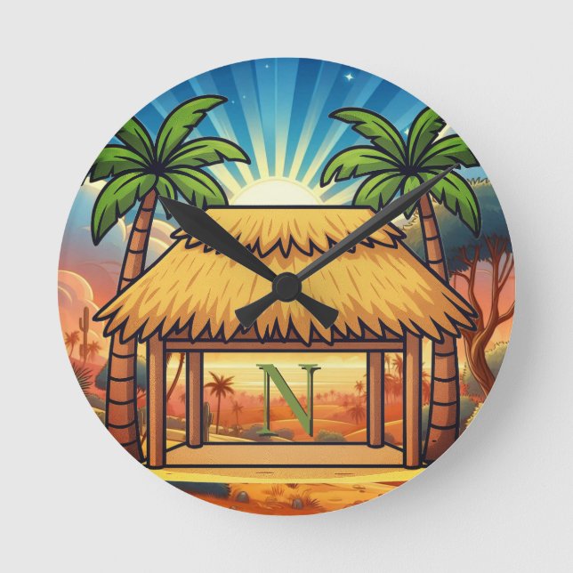 Tiki Hut Mongram Personalized  Round Clock (Front)
