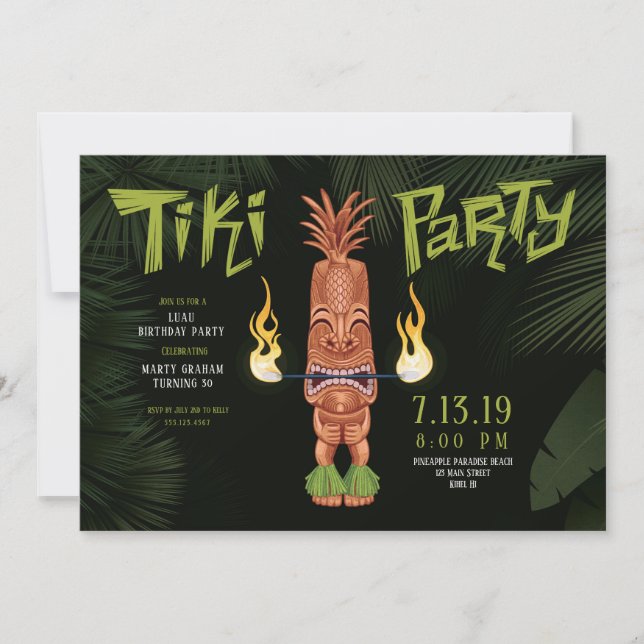 Tiki Luau Birthday Night Party Invitation (Front)