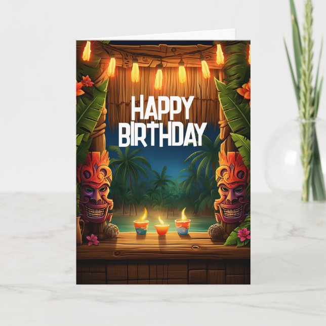 Tiki Luau Hawaiian Tropical Island Beach Birthday Card (Front)