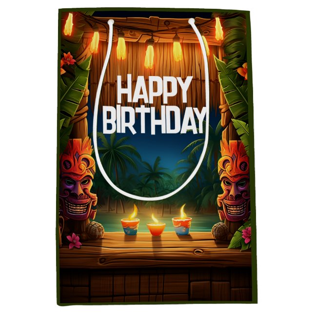Tiki Luau Hawaiian Tropical Island Beach Birthday Medium Gift Bag (Front)