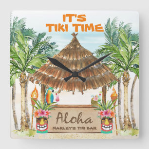 Tiki Luau   Tropical Beach Tiki Bar Aloha Square  Wall Clock