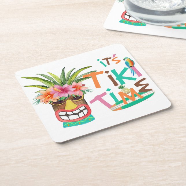 Tiki Luau | Tropical Typography Square Paper Coaster (Angled)