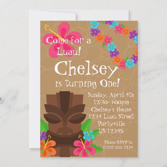 Tiki Man and Flower Lei Luau Birthday Party Invitation (Front)