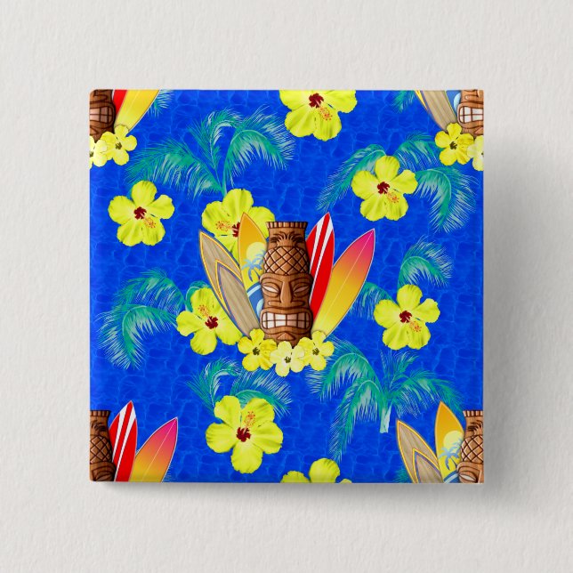 Tiki Mask And Surfboards 2 Inch Square Button (Front)