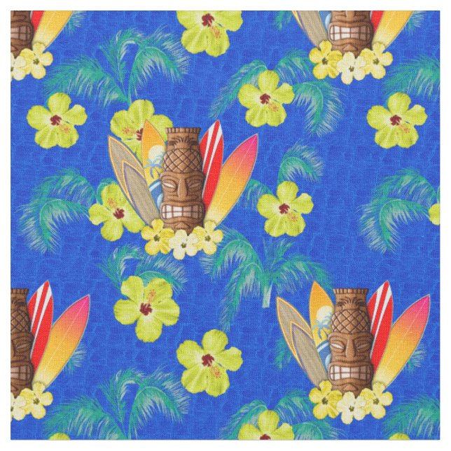 Tiki Mask And Surfboards Fabric (Close Up)