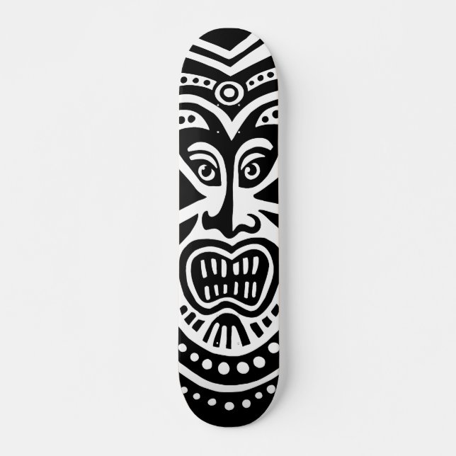 Tiki Mask Style - Black on White (Retro) Skateboard (Front)